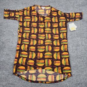 LuLaRoe‎ Irma Tunic Top Womens XXS New Hamburger Cheeseburger Food Print Black